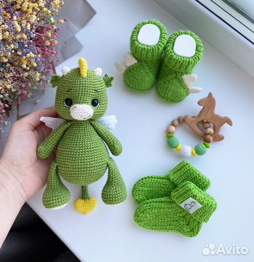 Вязаная игрушка дракон,бокс для малыша,грызунок