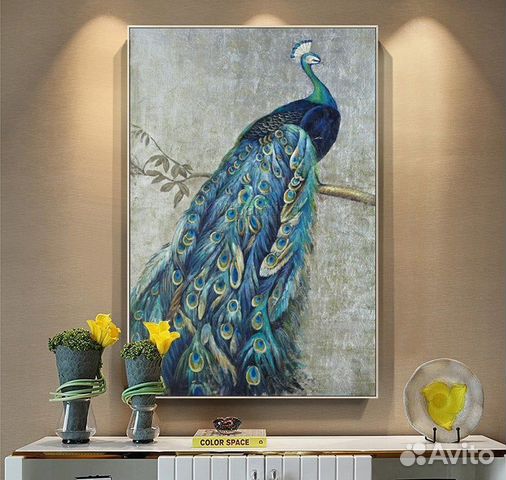 Синяя Картина маслом с павлином. Павлин