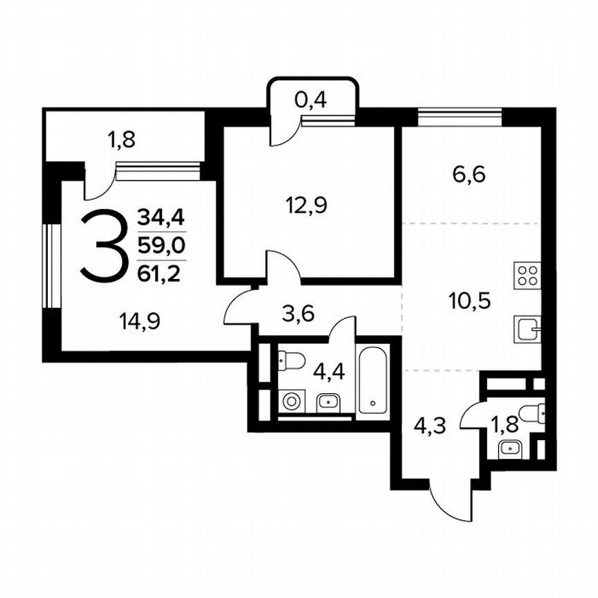 3-к. квартира, 61,2 м², 13/14 эт.