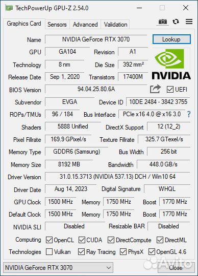 Evga GeForce RTX 3070 XC3 Ultra Gaming