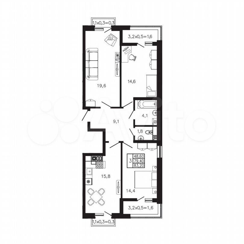 3-к. квартира, 83,2 м², 3/4 эт.