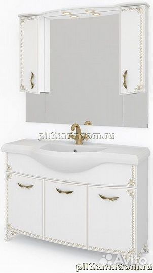 Какса-А Классик-Д 4056 Зеркало + Шкаф 120, с подсветкой, Белый с золотом, 120х100х22,6