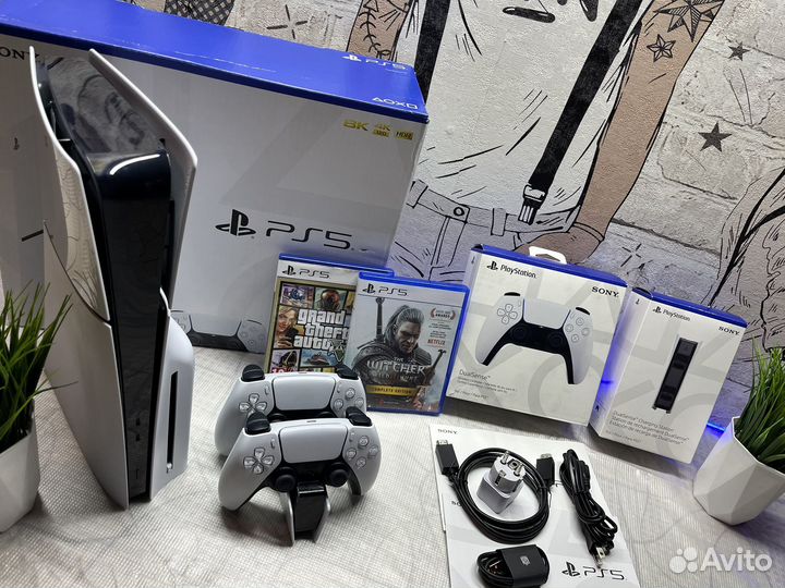 Sony playstation 5 slim 1tb+2/гем+заряд+игры