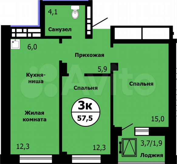 3-к. квартира, 57,5 м², 8/16 эт.