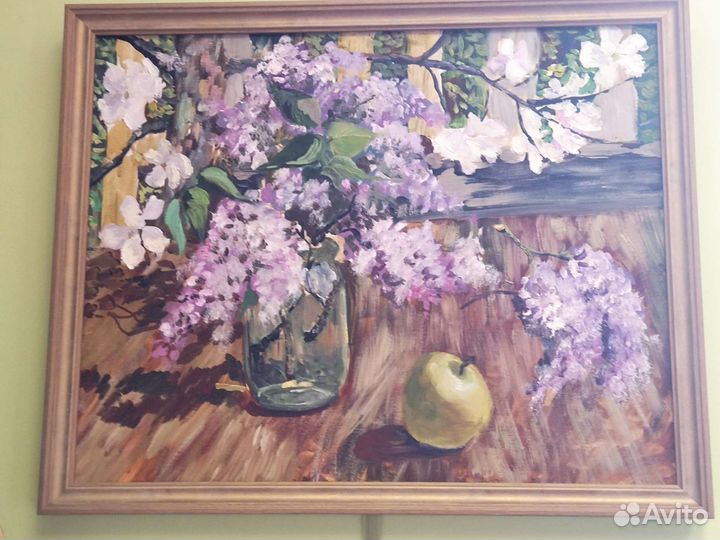 Картина маслом морской пейзаж, натюрморт, сирень