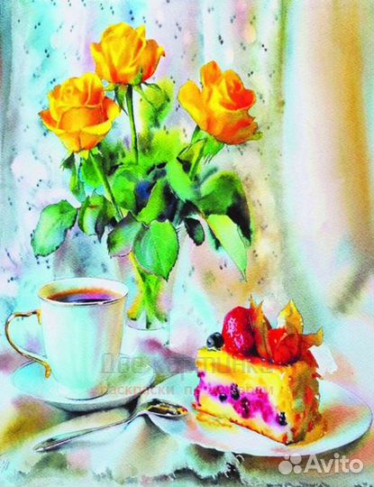 Алмазная мозаика 40x50 Желтые розы, чай и тортик