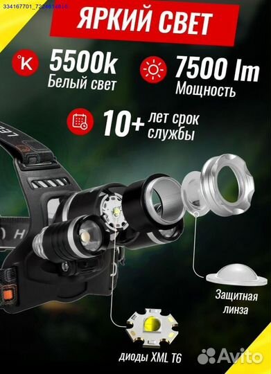 Фонарь Налобный Аккумуляторный (Арт.96910)