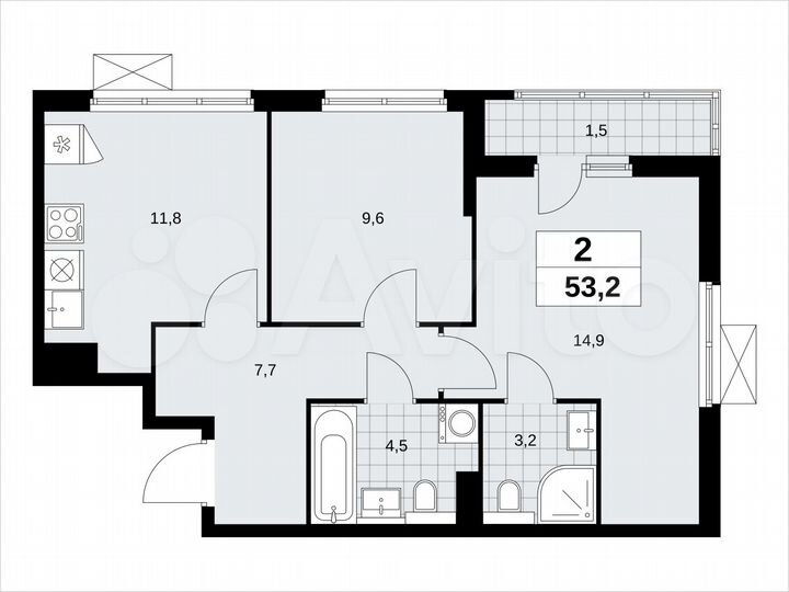 2-к. квартира, 53,2 м², 15/19 эт.