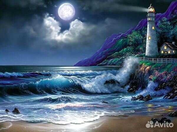 Картина по номерам 40x50 Полная луна и маяк у моря