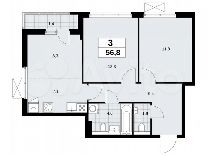 3-к. квартира, 56,8 м², 8/19 эт.