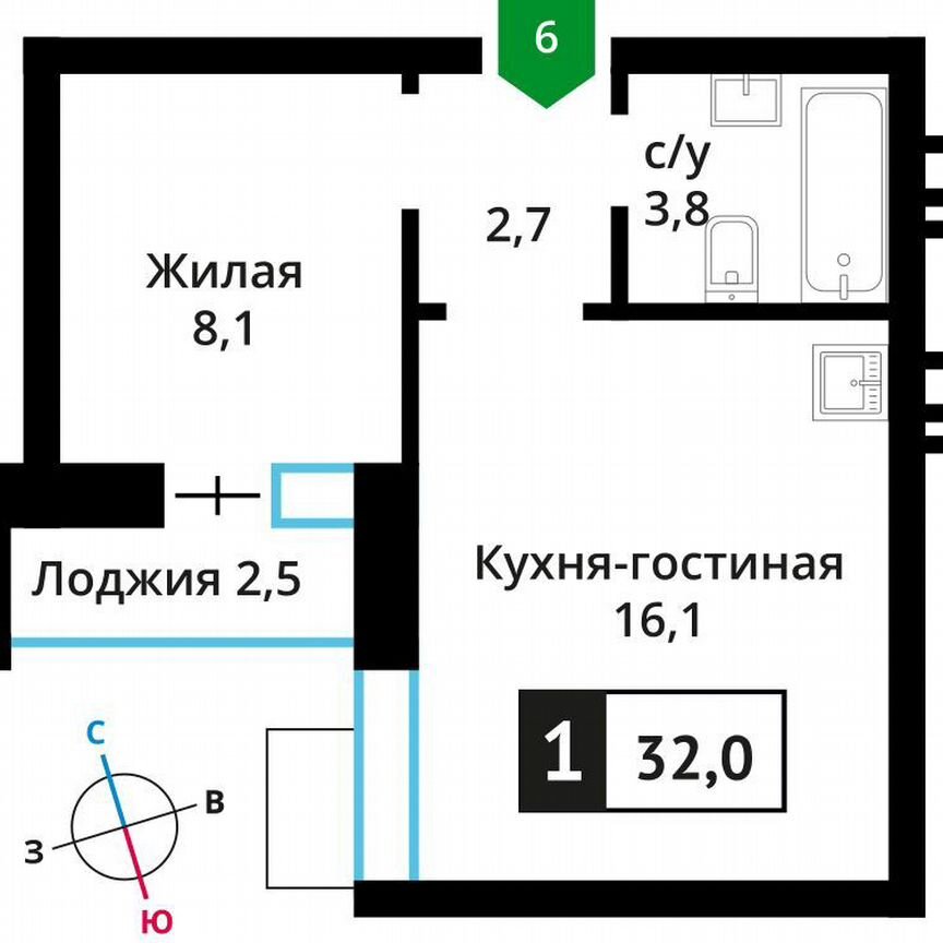 1-к. квартира, 32 м², 2/6 эт.