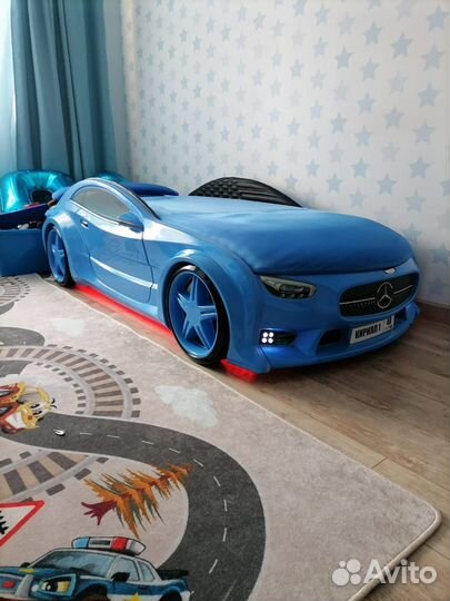 Детская кровать машина с матрасом и подсветкой