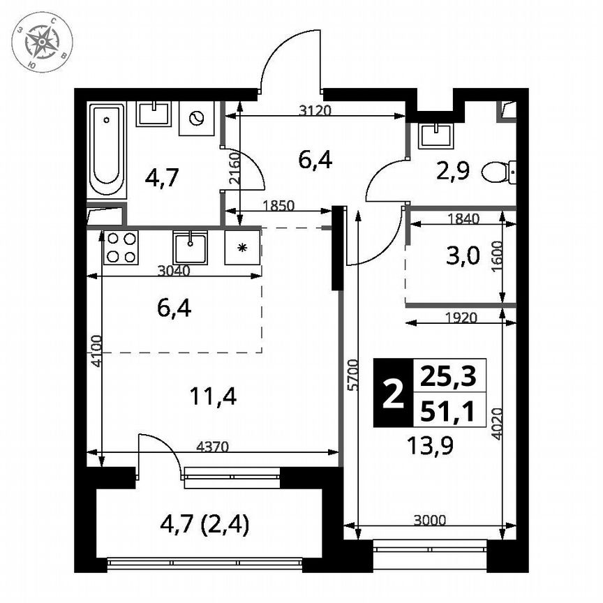 1-к. квартира, 51,1 м², 2/21 эт.