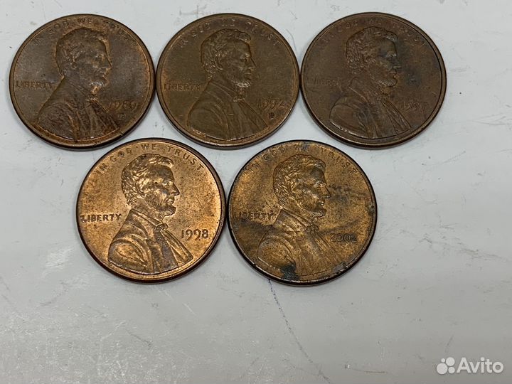 1 цент. США. Америка. One cent. 5 шт
