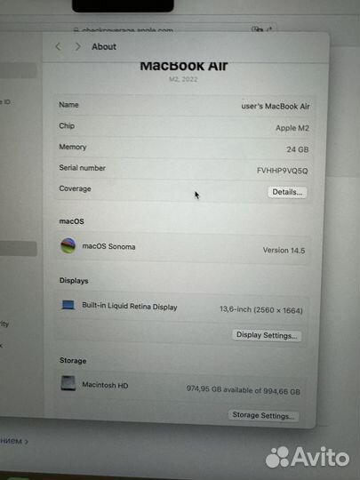 MacBook Air 13 2022 M2 24GB 1TB Silver Apple Care