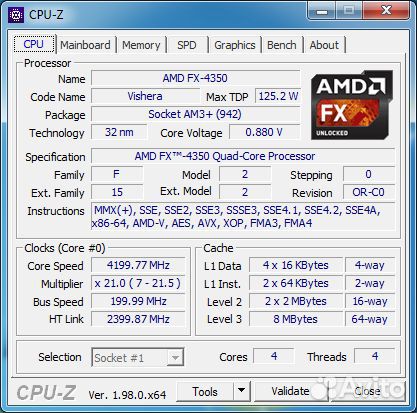 AM3+ AMD FX-4350 / 4 ядра до 4.3ghz 125W