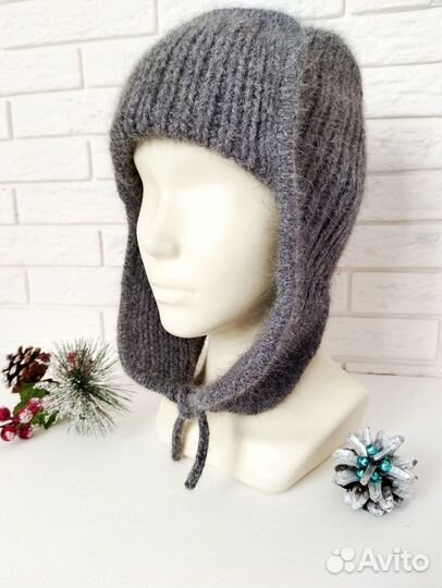 Шапка ушанка из пряжи пух норки