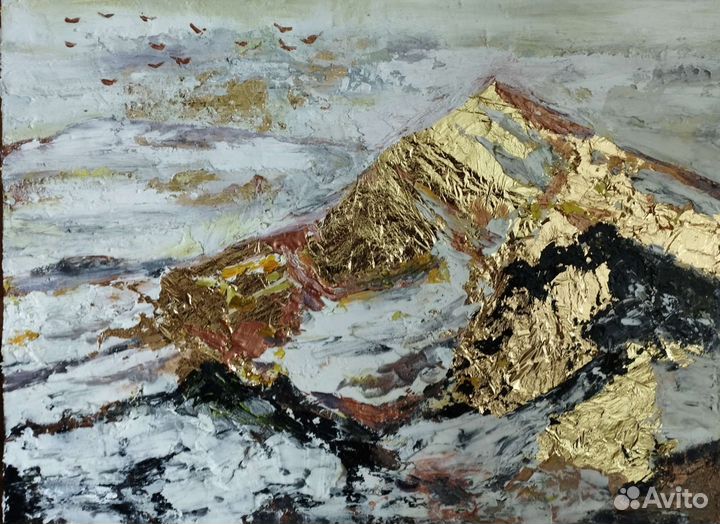 Интерьерная картина масло с горами. Золотом