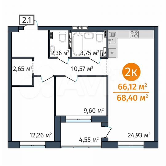 2-к. квартира, 66,1 м², 12/25 эт.