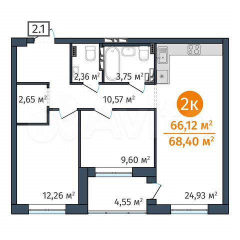 2-к. квартира, 66,1 м², 12/25 эт.
