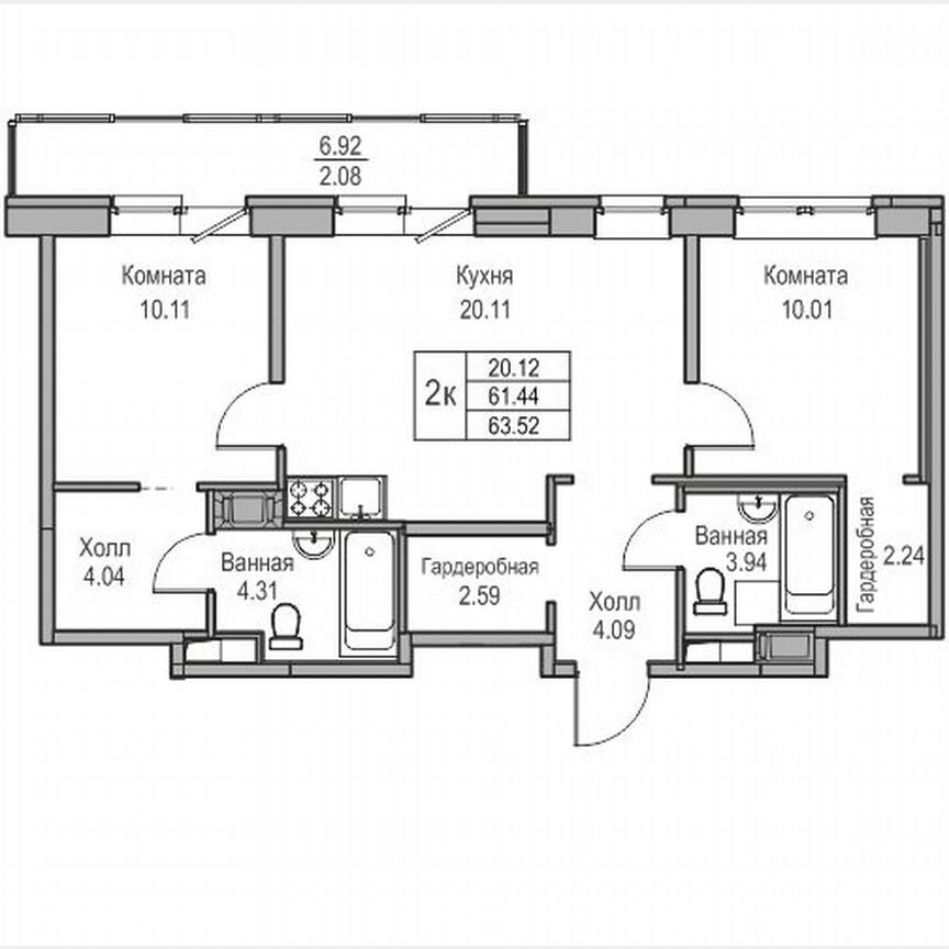 2-к. квартира, 63,5 м², 22/23 эт.