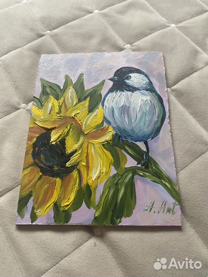 Птичка подсолнух картина маслом миниатюра