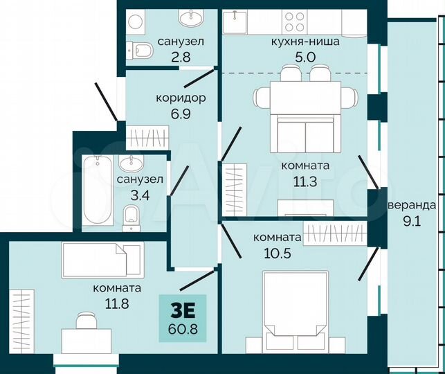 3-к. квартира, 60,8 м², 5/10 эт.