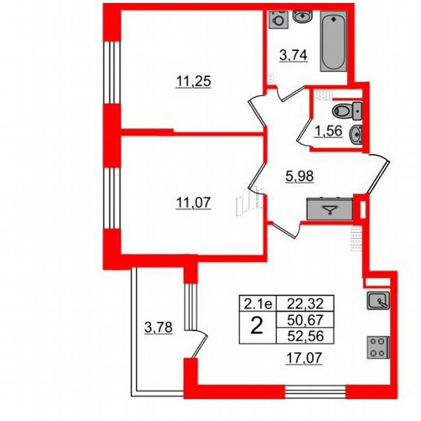 2-к. квартира, 50,7 м², 5/5 эт.