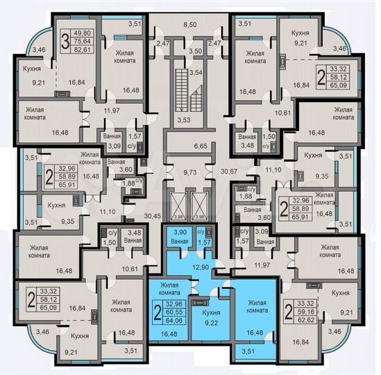 2-к. квартира, 64,1 м², 16/19 эт.