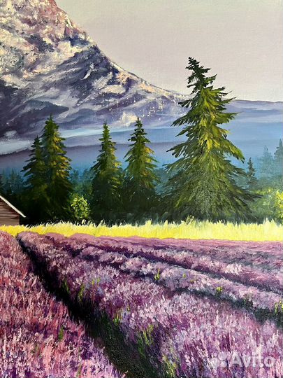 Картина маслом на холсте пейзаж горы и лаванда