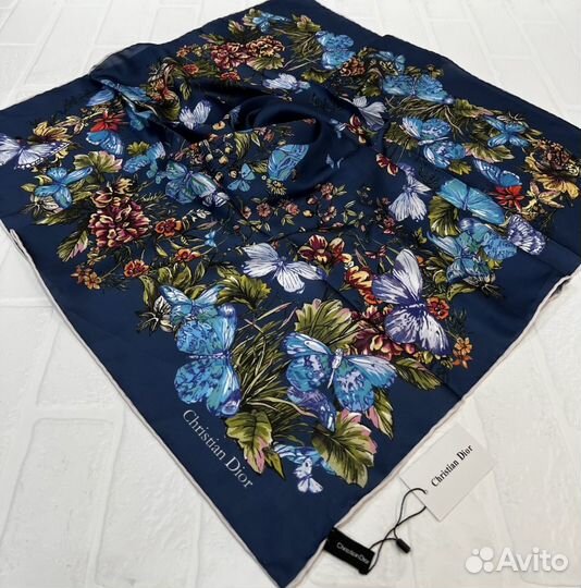 Роскошный Шелковый Платок Бабочки Цветы Синий