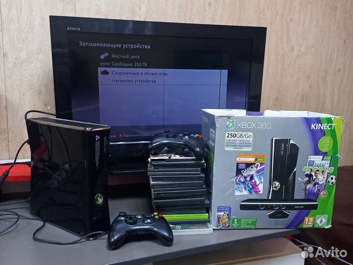 Xbox 360S 250gb, телевизор sony, диски и геймпады