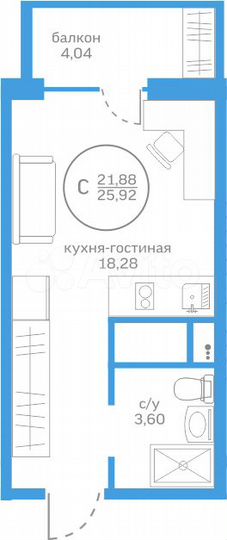 Квартира-студия, 21,9 м², 18/20 эт.