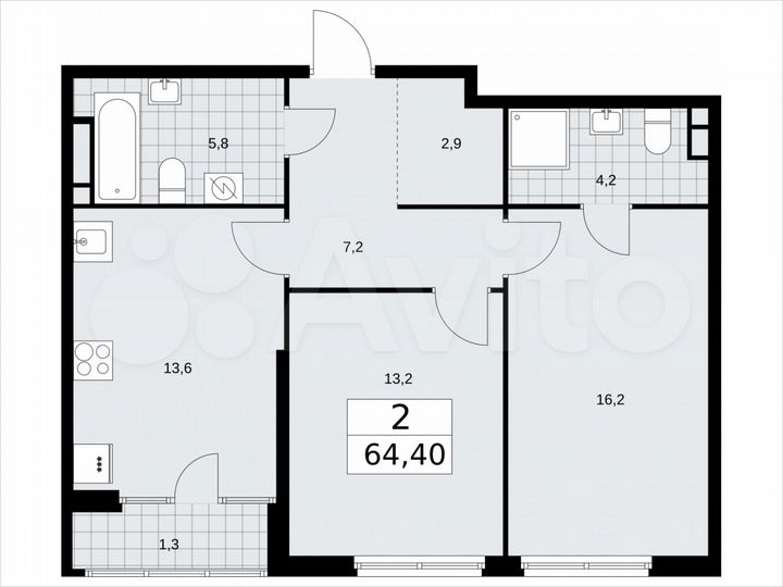 2-к. квартира, 64,4 м², 13/16 эт.