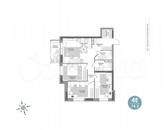 4-к. квартира, 74,3 м², 8/24 эт.
