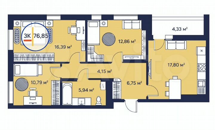 3-к. квартира, 76,9 м², 11/23 эт.