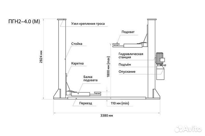 Подъёмник 2-х стоечный 4.0т, пгн2-4.0(П) 380В