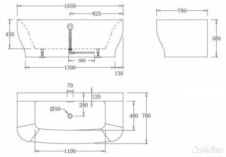 Ванна акриловая BelBagno BB74 165х78 черная/белая