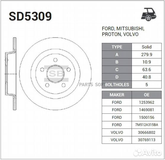 Sangsin brake SD5309 Диск тормозной ford focus 04