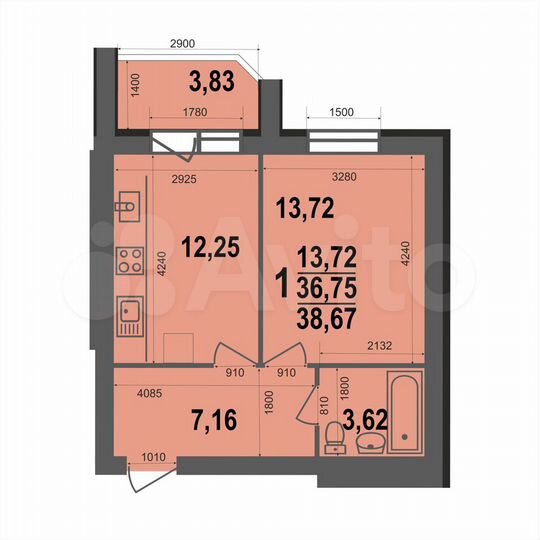 1-к. квартира, 38,7 м², 4/5 эт.
