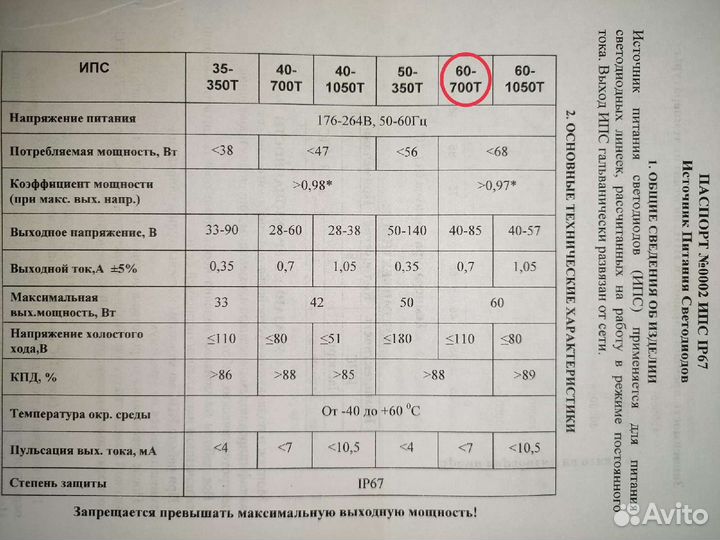 Светодиодный драйвер (ипс60-700Т IP67 0305)