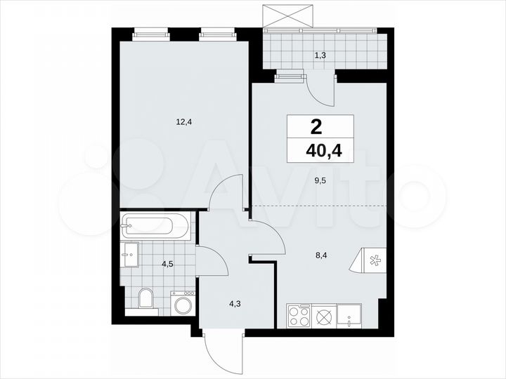 2-к. квартира, 40,4 м², 4/19 эт.