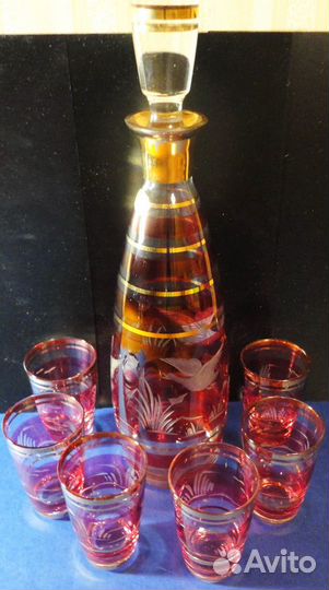 Богемия 1970г графин и 6 бокалов Ручная гравировка