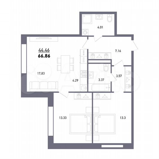 3-к. квартира, 66,9 м², 6/27 эт.
