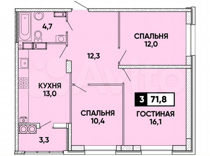 3-к. квартира, 71,8 м², 19/24 эт.