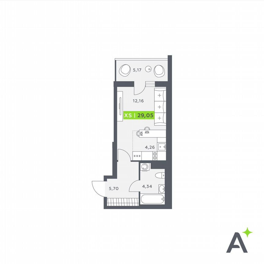 Квартира-студия, 29,1 м², 1/12 эт.