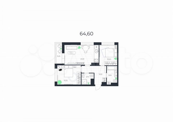 3-к. квартира, 64,6 м², 7/14 эт.