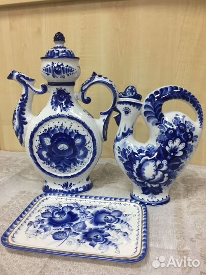 Гжель кумган кувшин петух поднос