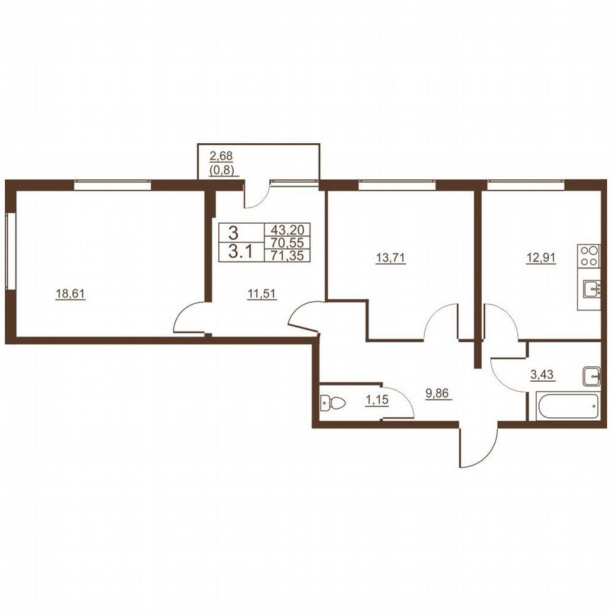3-к. квартира, 71 м², 9/11 эт.