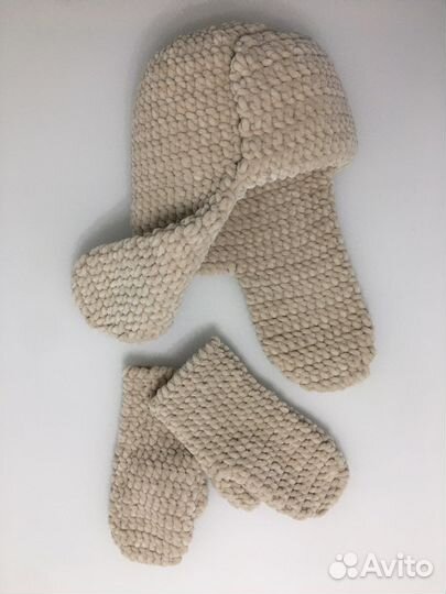 Шапка ушанка из плюша, варежки